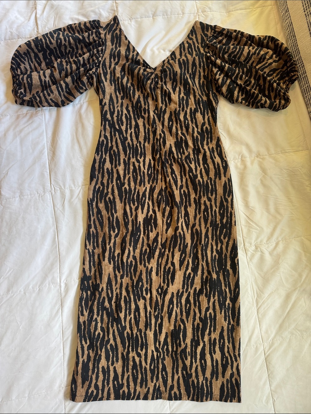 H&M Cotton Brown Zebra Balloon Sleeve Pencil Dress